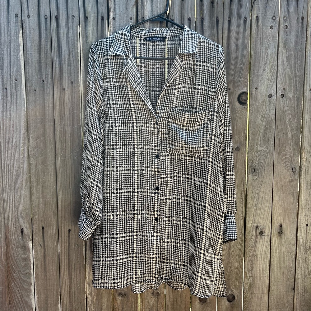 Zara Sheer Houndstooth Long Button Up Shirt